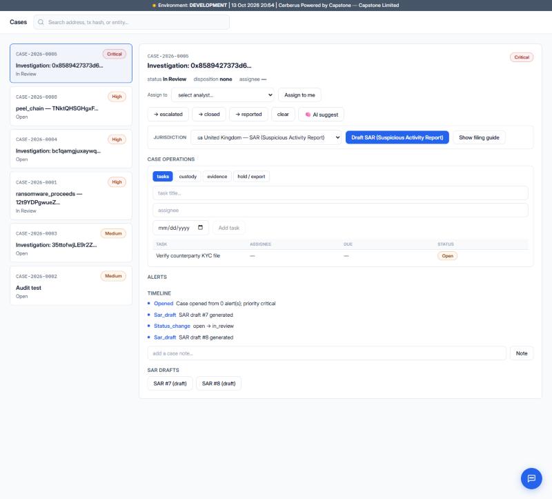Case detail with tasks, timeline, SAR drafts, and jurisdiction filing