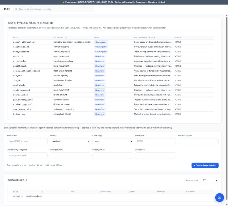 16 built-in typology rules with FATF mapping and custom rule builder